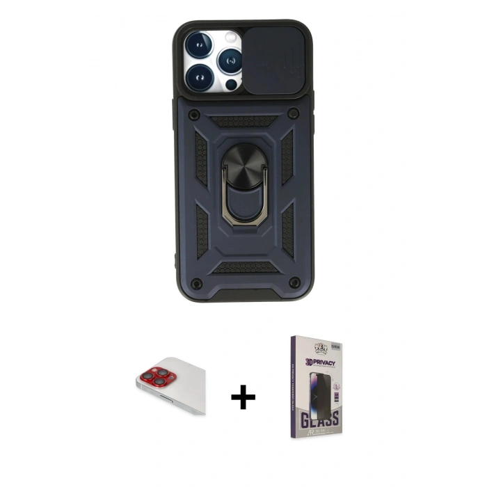 MARSİLYAN™- iPhone 13 Pro Max Kılıf Ahenk Klasik - Siyah Bilvis Hayalet Cam Ekran Koruyucu + Pers Alüminyum Kamera Lens - KI