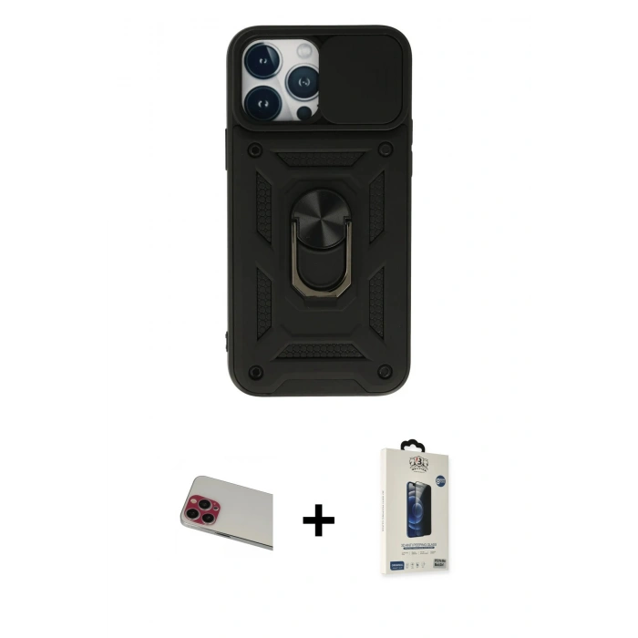 MARSİLYAN™- iPhone 13 Pro Max Kılıf Ahenk Klasik - Siyah Bilvis Hayalet Cam Ekran Koruyucu + Rainbow Kamera Lens Koruma Cam - KI