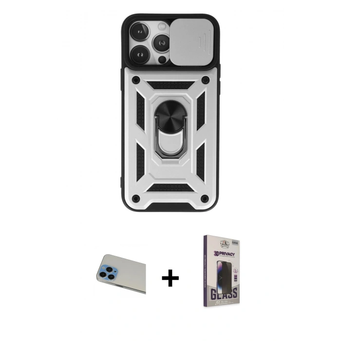 MARSİLYAN™- iPhone 13 Pro Max Kılıf Ahenk Klasik - Siyah Bilvis Hayalet Cam Ekran Koruyucu + Rainbow Kamera Lens Koruma Cam - MI