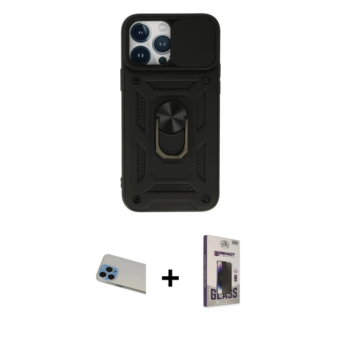 MARSİLYAN™- iPhone 13 Pro Max Kılıf Ahenk Klasik - Siyah Bilvis Hayalet Cam Ekran Koruyucu + Rainbow Kamera Lens Koruma Cam - MI