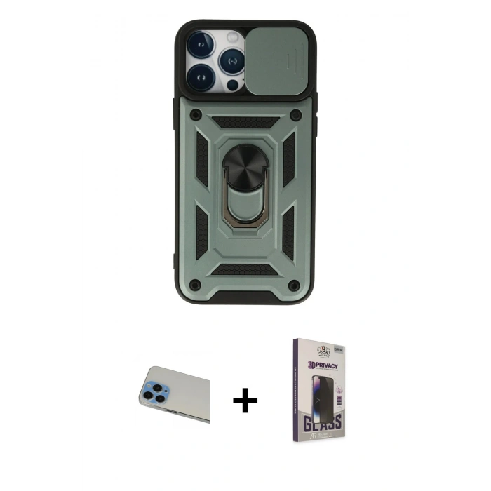 MARSİLYAN™- iPhone 13 Pro Max Kılıf Ahenk Klasik - Siyah Bilvis Hayalet Cam Ekran Koruyucu + Rainbow Kamera Lens Koruma Cam - MI