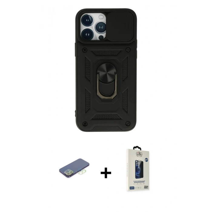 MARSİLYAN™- iPhone 13 Pro Max Kılıf Ahenk Klasik - Siyah Bilvis Hayalet Cam Ekran Koruyucu + Renkli Kamera Lens Koruma Cam - YL
