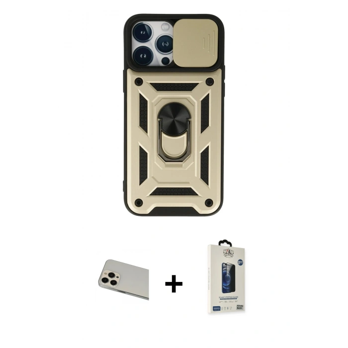 MARSİLYAN™- iPhone 13 Pro Max Kılıf Ahenk Klasik - Siyah Bilvis Hayalet Cam Ekran Koruyucu + Rainbow Kamera Lens Koruma Cam - REGD
