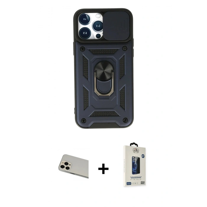 MARSİLYAN™- iPhone 13 Pro Max Kılıf Ahenk Klasik - Siyah Bilvis Hayalet Cam Ekran Koruyucu + Rainbow Kamera Lens Koruma Cam - REGD