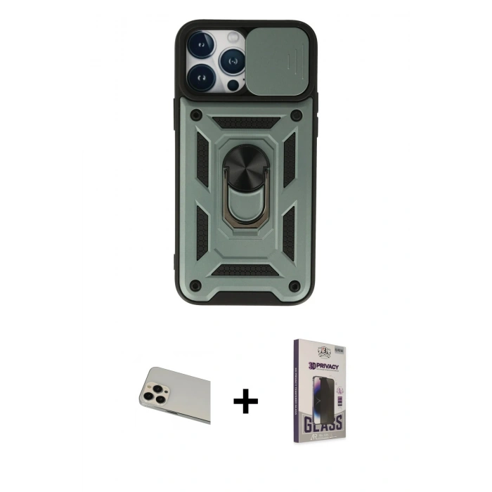 MARSİLYAN™- iPhone 13 Pro Max Kılıf Ahenk Klasik - Siyah Bilvis Hayalet Cam Ekran Koruyucu + Rainbow Kamera Lens Koruma Cam - REGD