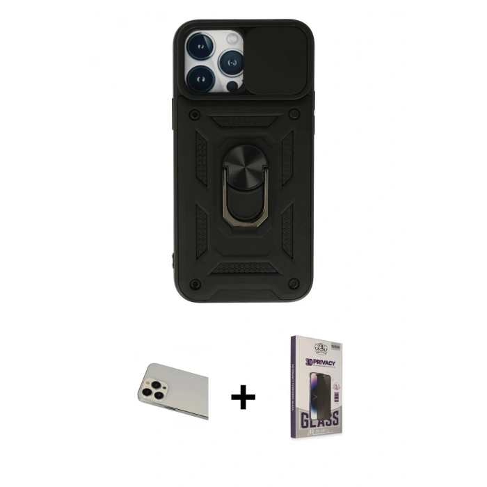 MARSİLYAN™- iPhone 13 Pro Max Kılıf Ahenk Klasik - Siyah Bilvis Hayalet Cam Ekran Koruyucu + Rainbow Kamera Lens Koruma Cam - REGD