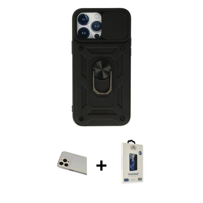 MARSİLYAN™- iPhone 13 Pro Max Kılıf Ahenk Klasik - Siyah Bilvis Hayalet Cam Ekran Koruyucu + Rainbow Kamera Lens Koruma Cam - REGD