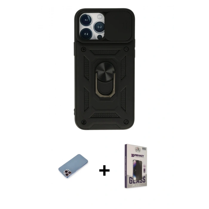 MARSİLYAN™- iPhone 13 Pro Max Kılıf Ahenk Klasik - Siyah Bilvis Hayalet Cam Ekran Koruyucu + Shine Kamera Lens Koruma Cam - PE