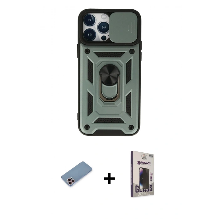 MARSİLYAN™- iPhone 13 Pro Max Kılıf Ahenk Klasik - Siyah Bilvis Hayalet Cam Ekran Koruyucu + Shine Kamera Lens Koruma Cam - PE