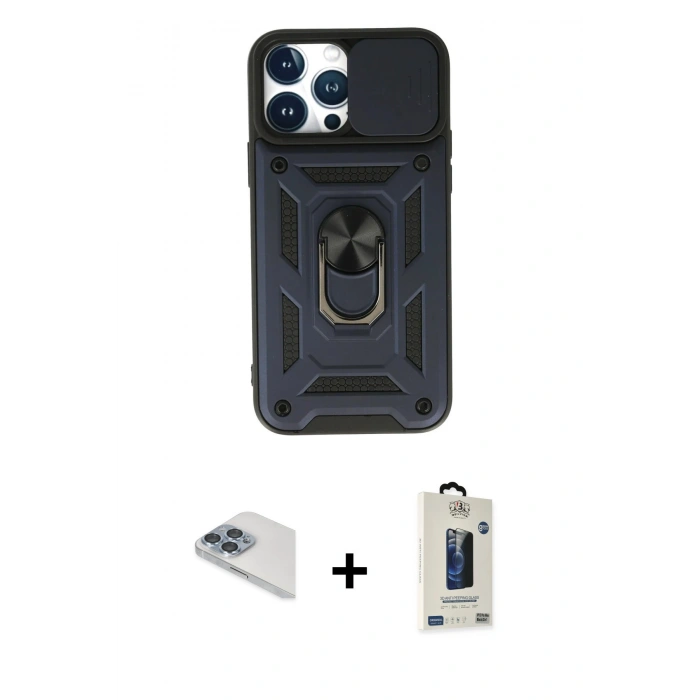 MARSİLYAN™- iPhone 13 Pro Max Kılıf Ahenk Klasik - Siyah Bilvis Hayalet Cam Ekran Koruyucu + Pers Alüminyum Kamera Lens - SABE