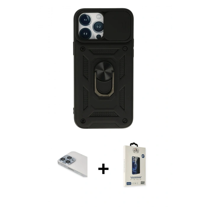 MARSİLYAN™- iPhone 13 Pro Max Kılıf Ahenk Klasik - Siyah Bilvis Hayalet Cam Ekran Koruyucu + Pers Alüminyum Kamera Lens - SABE