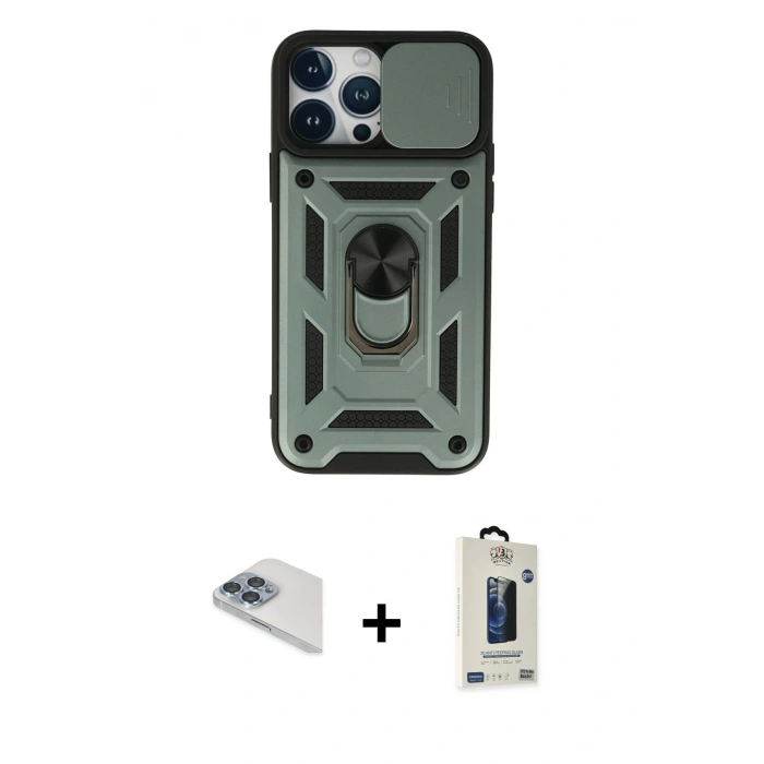 MARSİLYAN™- iPhone 13 Pro Max Kılıf Ahenk Klasik - Siyah Bilvis Hayalet Cam Ekran Koruyucu + Pers Alüminyum Kamera Lens - SABE