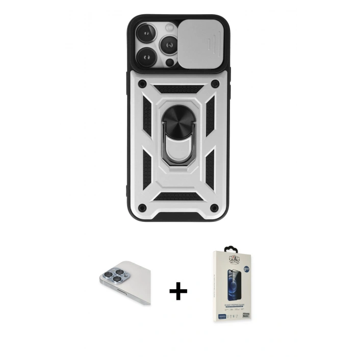 MARSİLYAN™- iPhone 13 Pro Max Kılıf Ahenk Klasik - Siyah Bilvis Hayalet Cam Ekran Koruyucu + Pers Alüminyum Kamera Lens - SABE