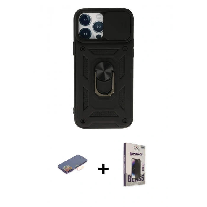 MARSİLYAN™- iPhone 13 Pro Max Kılıf Ahenk Klasik - Siyah Bilvis Hayalet Cam Ekran Koruyucu + Renkli Kamera Lens Koruma Cam - TU