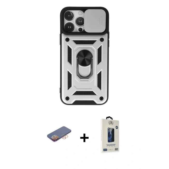 MARSİLYAN™- iPhone 13 Pro Max Kılıf Ahenk Klasik - Siyah Bilvis Hayalet Cam Ekran Koruyucu + Renkli Kamera Lens Koruma Cam - TU