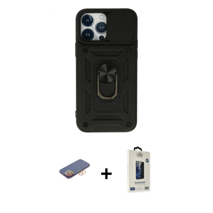 MARSİLYAN™- iPhone 13 Pro Max Kılıf Ahenk Klasik - Siyah Bilvis Hayalet Cam Ekran Koruyucu + Renkli Kamera Lens Koruma Cam - TU