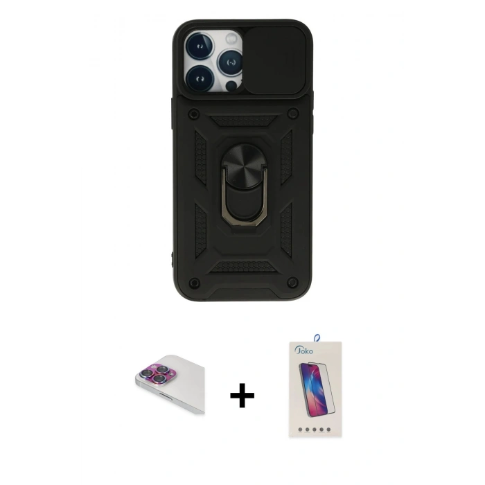 MARSİLYAN™- iPhone 13 Pro Max Kılıf Ahenk Klasik - Siyah Joko 5D Cam + Gökkuşağı Pers Alüminyum Kamera Lens