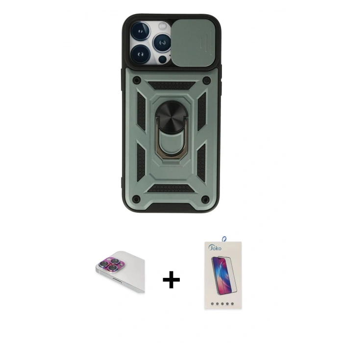 MARSİLYAN™- iPhone 13 Pro Max Kılıf Ahenk Klasik - Siyah Joko 5D Cam + Gökkuşağı Pers Alüminyum Kamera Lens