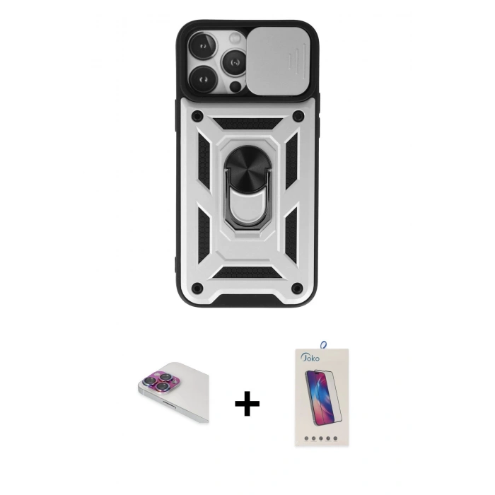 MARSİLYAN™- iPhone 13 Pro Max Kılıf Ahenk Klasik - Siyah Joko 5D Cam + Gökkuşağı Pers Alüminyum Kamera Lens