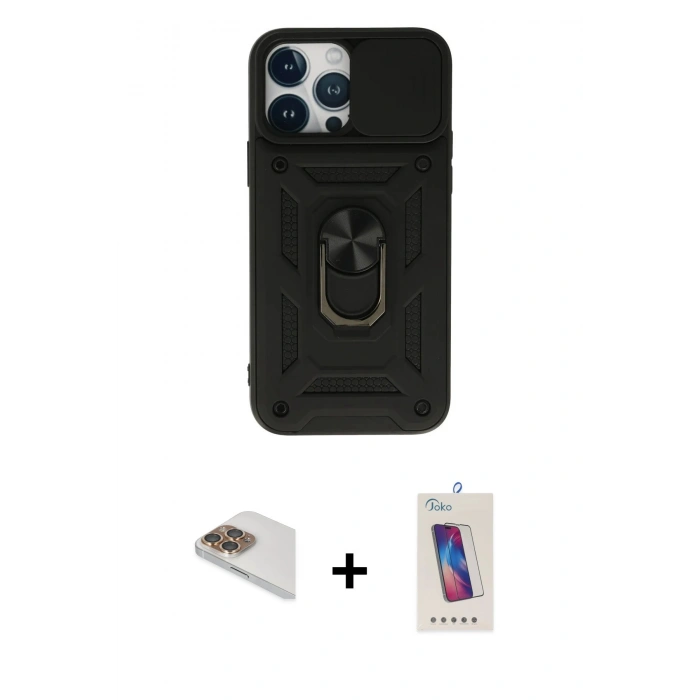 MARSİLYAN™- iPhone 13 Pro Max Kılıf Ahenk Klasik - Siyah Joko 5D Cam + Pers Alüminyum Kamera Lens - GD