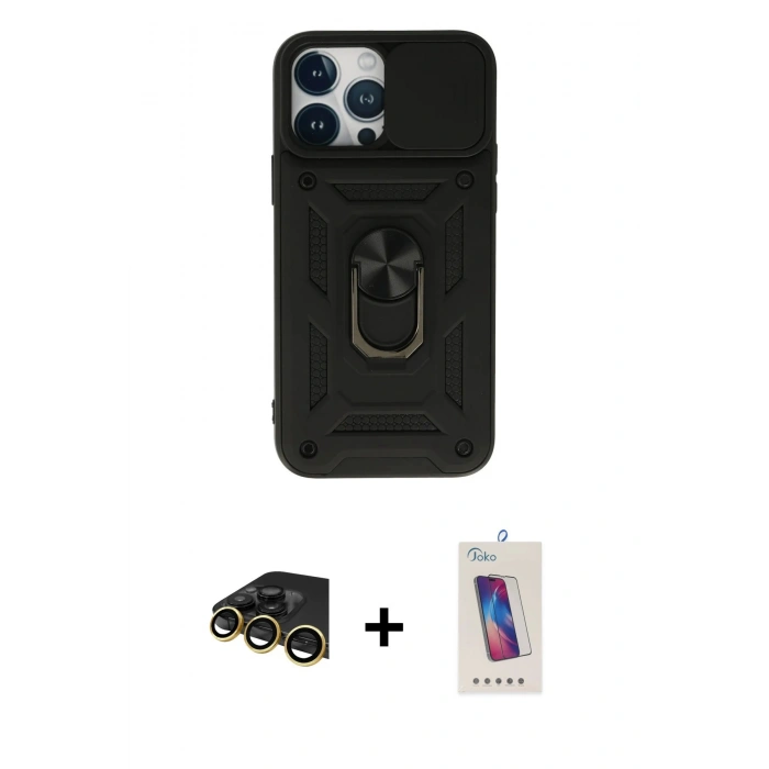 MARSİLYAN™- iPhone 13 Pro Max Kılıf Ahenk Klasik - Siyah Joko 5D Cam + Raze Metal Kamera Lens - GD
