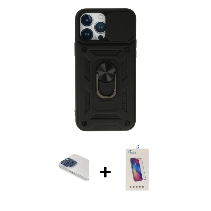 MARSİLYAN™- iPhone 13 Pro Max Kılıf Ahenk Klasik - Siyah Joko 5D Cam + Pers Alüminyum Kamera Lens - LT