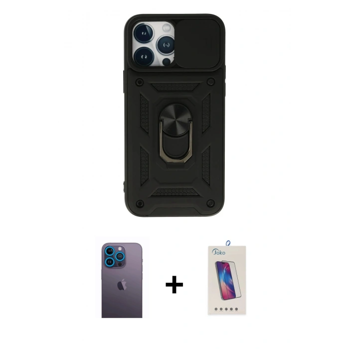 MARSİLYAN™- iPhone 13 Pro Max Kılıf Ahenk Klasik - Siyah Joko 5D Cam + Neon Fosforlu Kamera Lens - MI