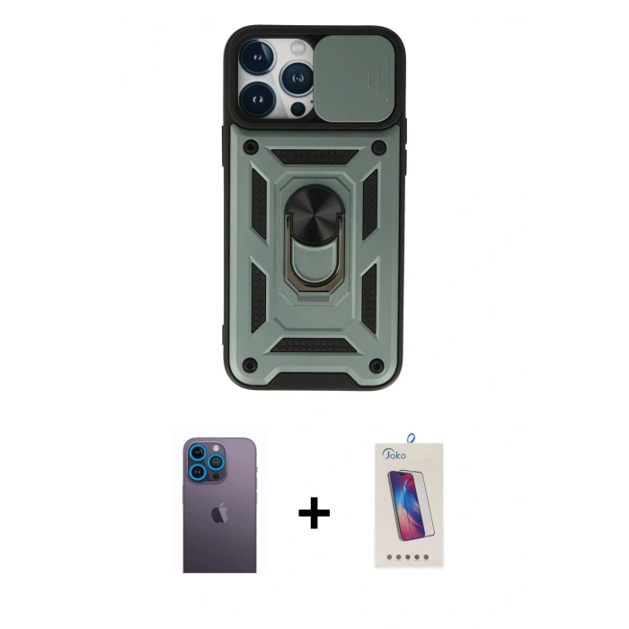 MARSİLYAN™- iPhone 13 Pro Max Kılıf Ahenk Klasik - Siyah Joko 5D Cam + Neon Fosforlu Kamera Lens - MI