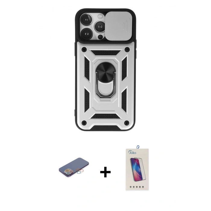 MARSİLYAN™- iPhone 13 Pro Max Kılıf Ahenk Klasik - Siyah Joko 5D Cam + Renkli Kamera Lens Koruma Cam - PE