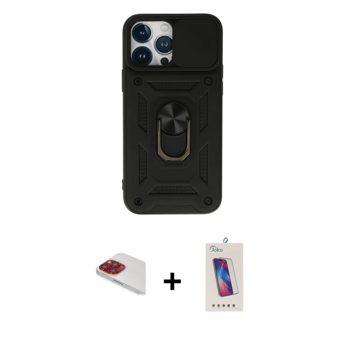 MARSİLYAN™- iPhone 13 Pro Max Kılıf Ahenk Klasik - Siyah Joko 5D Cam + Pers Alüminyum Kamera Lens - KI