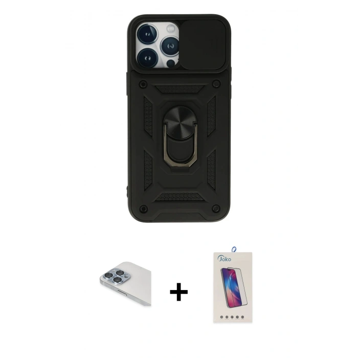 MARSİLYAN™- iPhone 13 Pro Max Kılıf Ahenk Klasik - Siyah Joko 5D Cam + Pers Alüminyum Kamera Lens - SABE