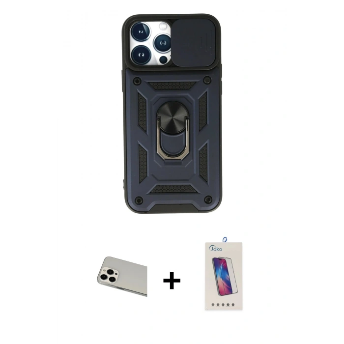 MARSİLYAN™- iPhone 13 Pro Max Kılıf Ahenk Klasik - Siyah Joko 5D Cam + Rainbow Kamera Lens Koruma Cam - BZ