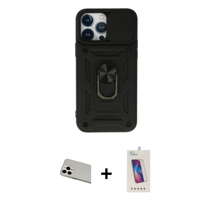 MARSİLYAN™- iPhone 13 Pro Max Kılıf Ahenk Klasik - Siyah Joko 5D Cam + Rainbow Kamera Lens Koruma Cam - BZ