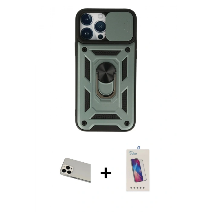 MARSİLYAN™- iPhone 13 Pro Max Kılıf Ahenk Klasik - Siyah Joko 5D Cam + Rainbow Kamera Lens Koruma Cam - BZ