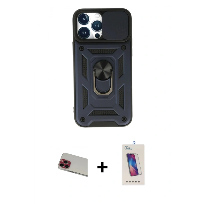 MARSİLYAN™- iPhone 13 Pro Max Kılıf Ahenk Klasik - Siyah Joko 5D Cam + Rainbow Kamera Lens Koruma Cam - KI