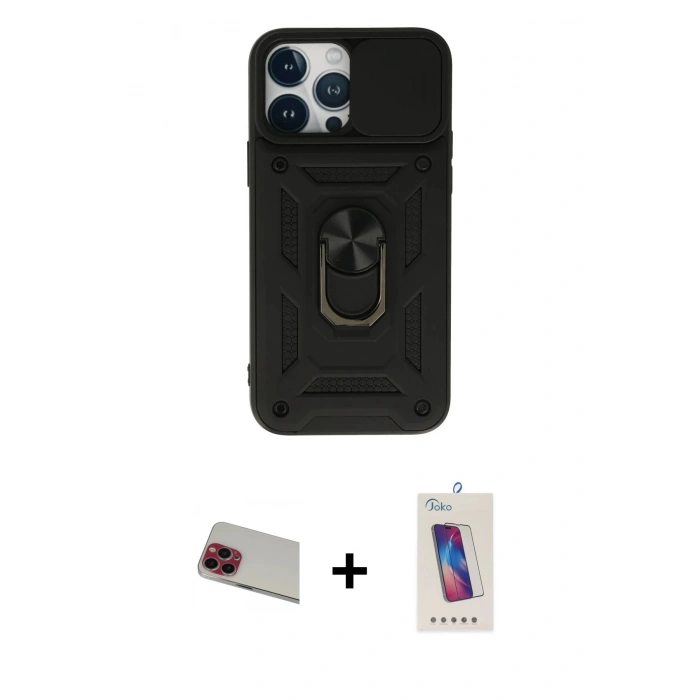 MARSİLYAN™- iPhone 13 Pro Max Kılıf Ahenk Klasik - Siyah Joko 5D Cam + Rainbow Kamera Lens Koruma Cam - KI