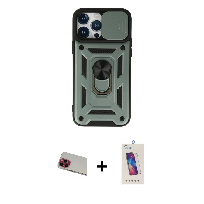 MARSİLYAN™- iPhone 13 Pro Max Kılıf Ahenk Klasik - Siyah Joko 5D Cam + Rainbow Kamera Lens Koruma Cam - KI