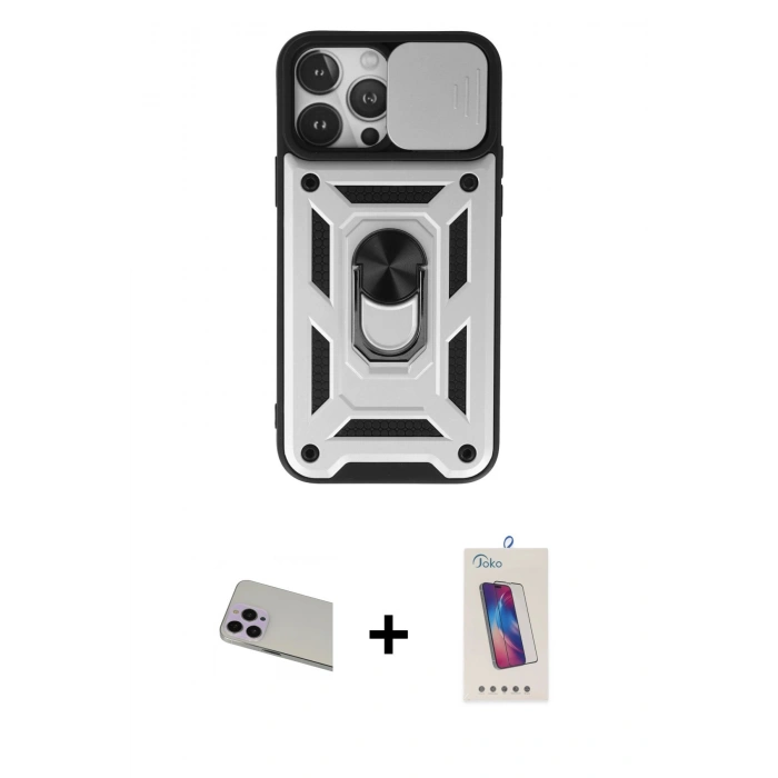 MARSİLYAN™- iPhone 13 Pro Max Kılıf Ahenk Klasik - Siyah Joko 5D Cam + Rainbow Kamera Lens Koruma Cam - MR