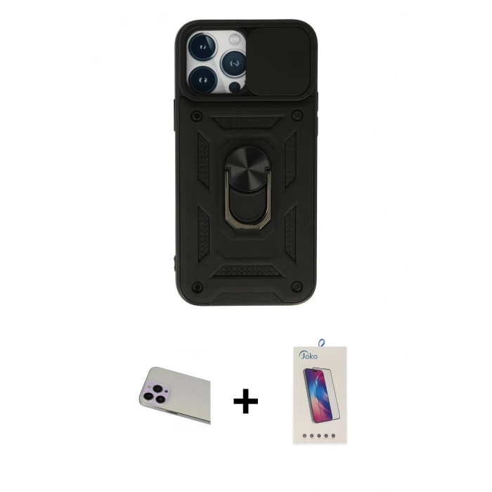 MARSİLYAN™- iPhone 13 Pro Max Kılıf Ahenk Klasik - Siyah Joko 5D Cam + Rainbow Kamera Lens Koruma Cam - MR