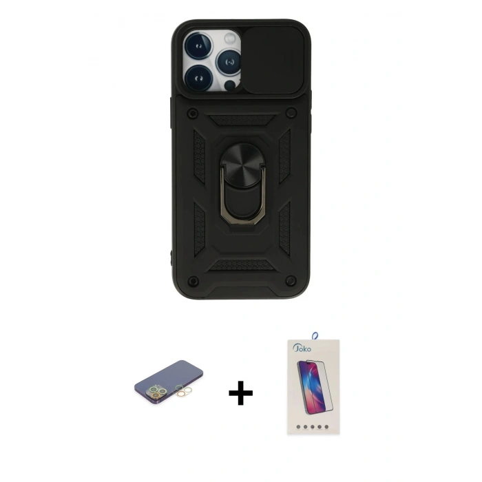 MARSİLYAN™- iPhone 13 Pro Max Kılıf Ahenk Klasik - Siyah Joko 5D Cam + Renkli Kamera Lens Koruma Cam - SI