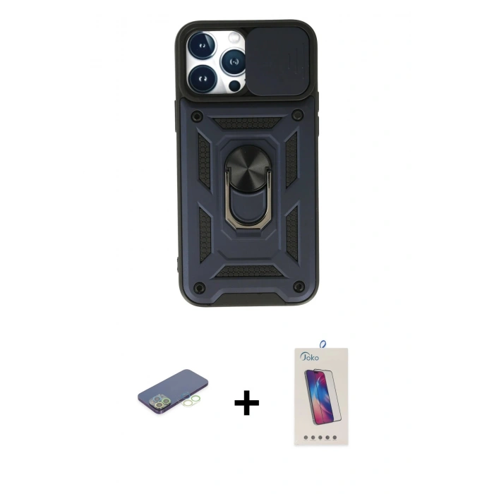 MARSİLYAN™- iPhone 13 Pro Max Kılıf Ahenk Klasik - Siyah Joko 5D Cam + Renkli Kamera Lens Koruma Cam - YL
