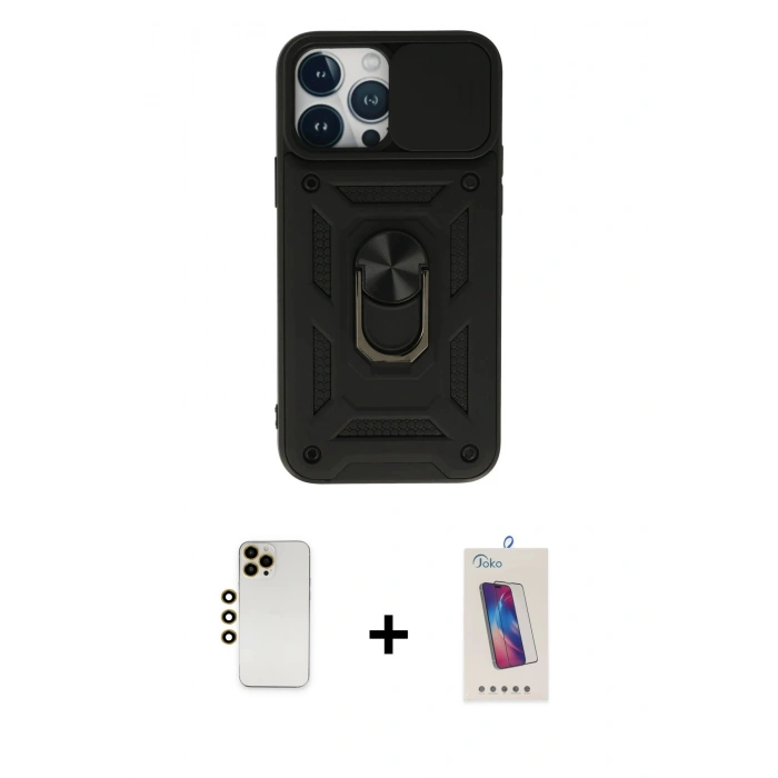MARSİLYAN™- iPhone 13 Pro Max Kılıf Ahenk Klasik - Siyah Joko 5D Cam + Shine Kamera Lens - GD