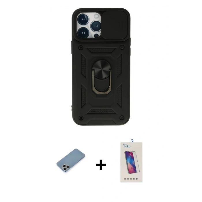 MARSİLYAN™- iPhone 13 Pro Max Kılıf Ahenk Klasik - Siyah Joko 5D Cam + Shine Kamera Lens Koruma Cam - GI