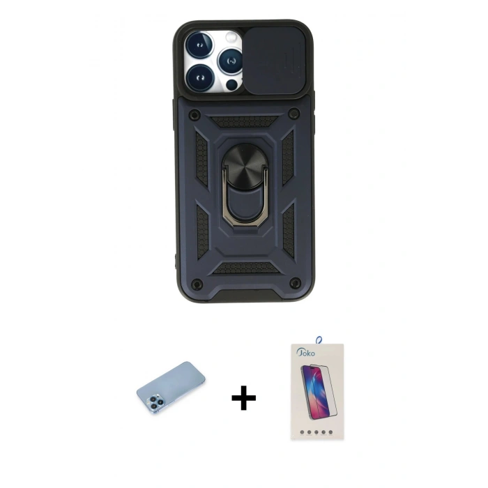 MARSİLYAN™- iPhone 13 Pro Max Kılıf Ahenk Klasik - Siyah Joko 5D Cam + Shine Kamera Lens Koruma Cam - MI