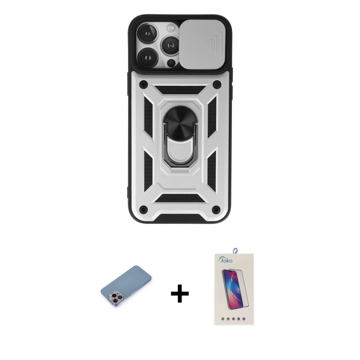 MARSİLYAN™- iPhone 13 Pro Max Kılıf Ahenk Klasik - Siyah Joko 5D Cam + Shine Kamera Lens Koruma Cam - PE