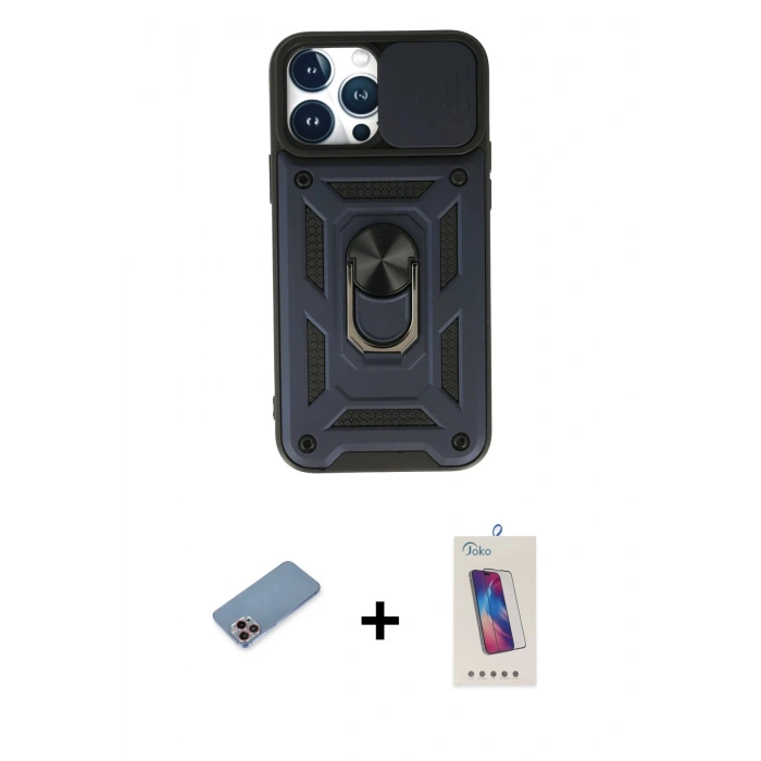 MARSİLYAN™- iPhone 13 Pro Max Kılıf Ahenk Klasik - Siyah Joko 5D Cam + Shine Kamera Lens Koruma Cam - PE