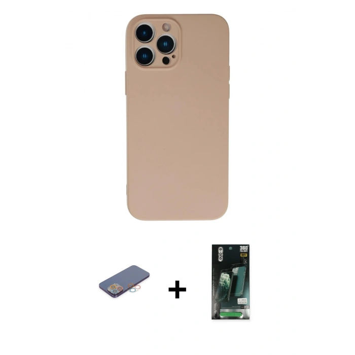 MARSİLYAN™- iPhone 13 Pro Max Kılıf Ahenk Serisi - Şeffaf 360 Full Body Arka Koruyucu + Pembe Renkli Kamera Lens Koruma Cam