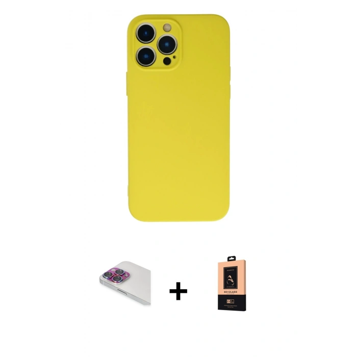 MARSİLYAN™- iPhone 13 Pro Max Kılıf Ahenk Serisi - Şeffaf Maxco Cam Ekran Koruyucu + Gökkuşağı Pers Alüminyum Kamera Lens