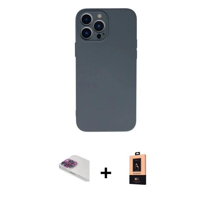 MARSİLYAN™- iPhone 13 Pro Max Kılıf Ahenk Serisi - Şeffaf Maxco Cam Ekran Koruyucu + Gökkuşağı Pers Alüminyum Kamera Lens