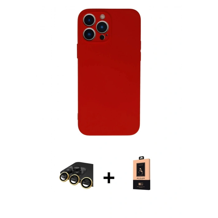 MARSİLYAN™- iPhone 13 Pro Max Kılıf Ahenk Serisi - Şeffaf Maxco Cam Ekran Koruyucu + Raze Metal Kamera Lens - GD